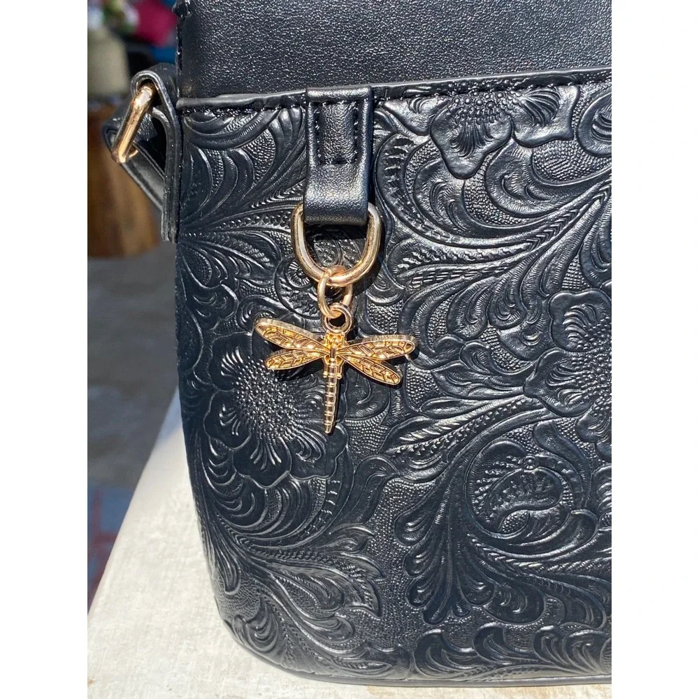 Black Floral Embossed Crossbody Dome Bag with Gold Dragonfly Charm New - Picture 2 of 12